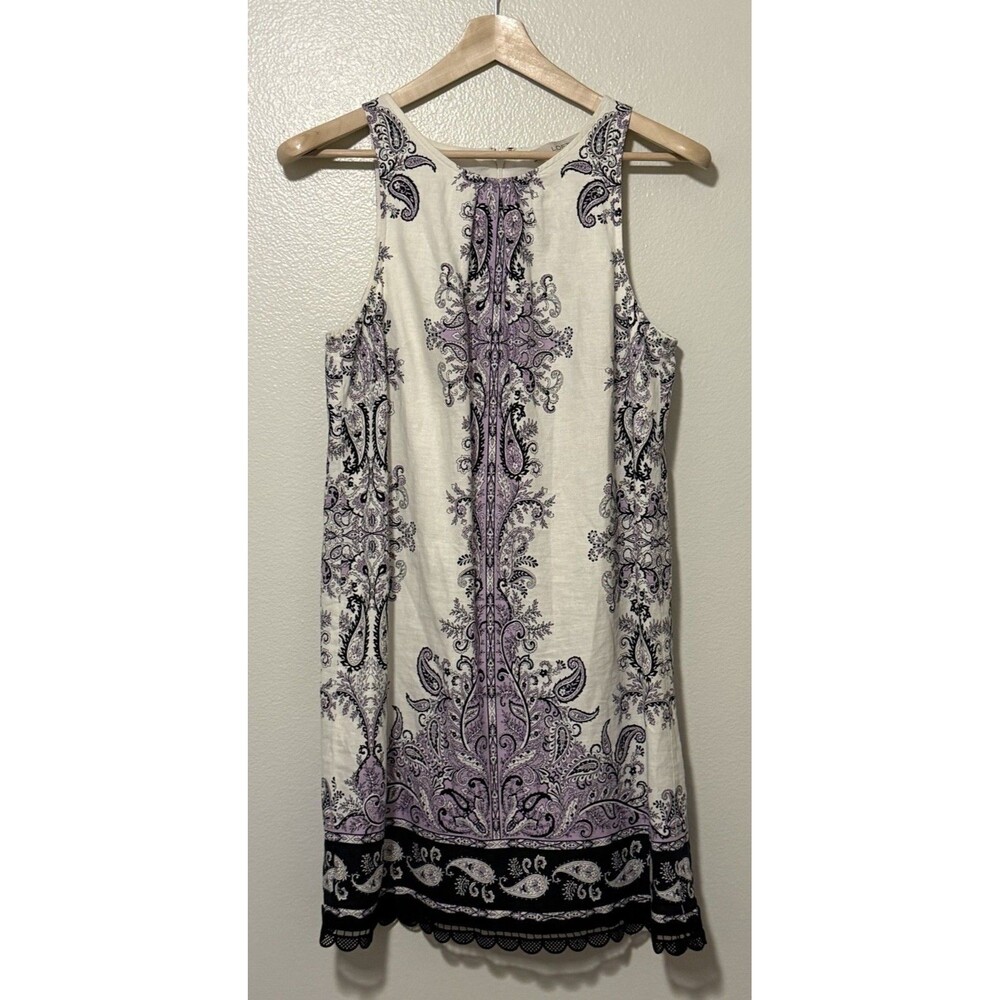 LOFT Paisley Floral Dress Size 6 Linen Blend Crochet Lace Trim Sleeveless Purple